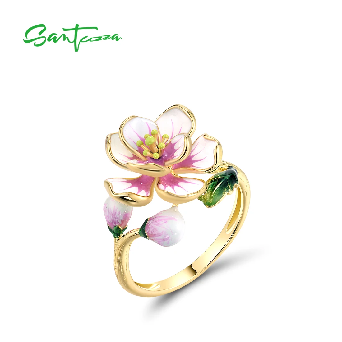 

SANTUZZA Real 925 Sterling Silver Rings For Women Fashion Flower Stamen & Leaf Handmade Enamel Delicate Wedding Fine Jewelry