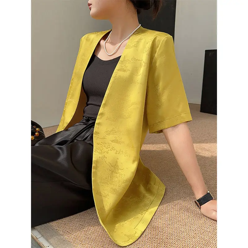 

​​Women's Satin Shirt Style Jacket Summer Collarless Short Sleeve Lightweight Open Front 3/4 Sleeve Elegant Blazer Coat​​