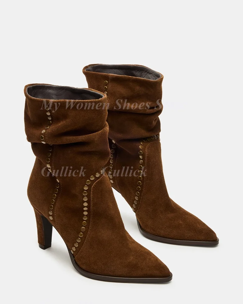 Rivet Suede Brown Ankle Boots Women Genuine Leather Block High Heel Slip On Trending Women Winter Booties 2026 Hot Sale Cowboy