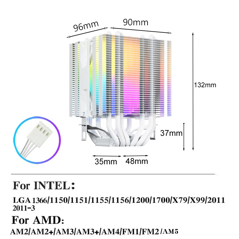 X99 CPU Cooler White Silent RGB Cooling Fan 6 Heat Pipes for Intel LGA 1700 1200 1150 1151 1155 2011 X79 1366 AMD AM5 AM4