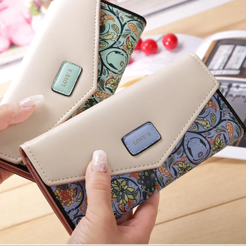 

2023 Women Envelope Long Wallet Tri-fold Flowers Printing Female Coin Purses