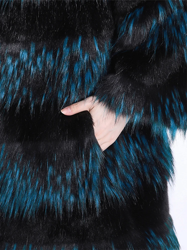 Nerazzurri Winter Oversized Colorful Faux Fur Coat Women 3/4 Sleeve Stand Collar Gradient Warm Thick Hairy Shaggy Fluffy Jacket