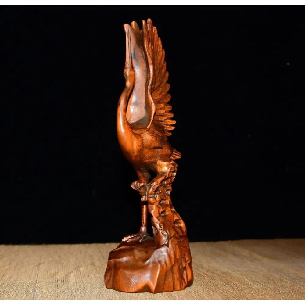 Hand Carved Boxwood Crane Statue Oriental Longevity Bird Figurine Wooden Sculpture Home Desktop Decor Craft Gift