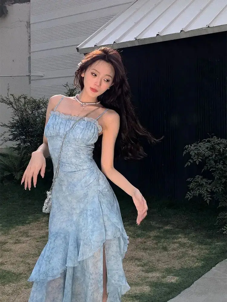 Dress Sling Floral Ruffles Irregular Split Slash Neck Woman Summer New Vintage Prairie Chic Elegant Sleeveless Blue Dresses