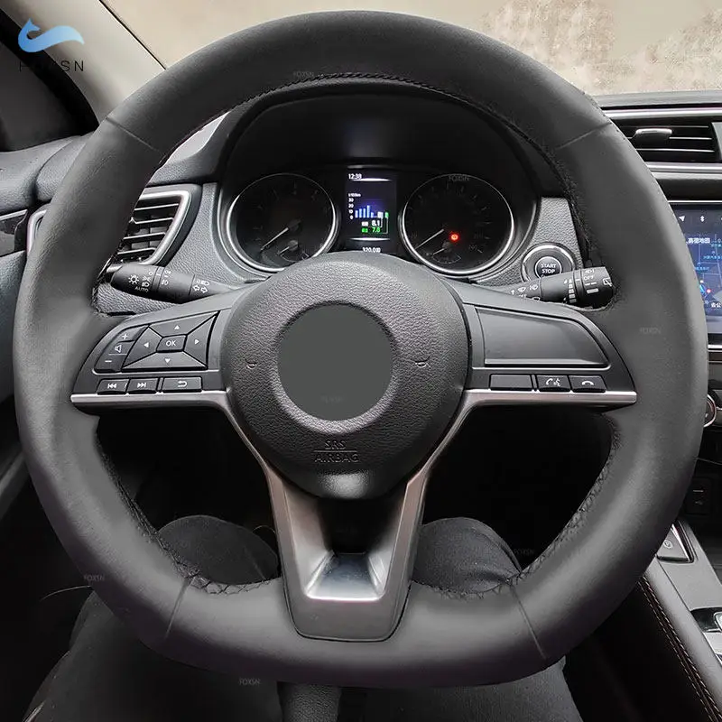 Black-stitching For Nissan Rogue Sport Altima X-Trail Qashqai Leaf Micra Kicks Car Steering Wheel Microfiber Leather Cover Trim