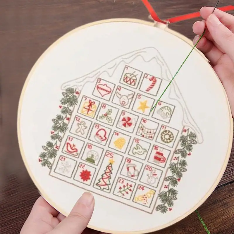 Christmas Embroidery Patterns Embroidery Ornament Kit Thread And Hoop 25 Days Countdown Handmade Snow Covered House Stitches