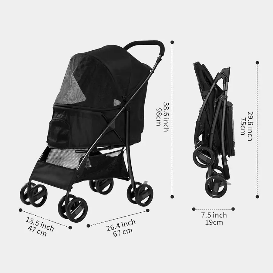 

4 Wheels Pet Stroller,Easy-Foldable Dog Cat Cage Jogger Stroller with Weather Co er for All-Season,Storage Basket and isible Me