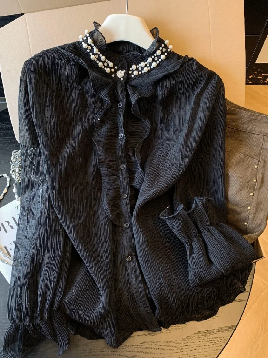 

Женская блузка с богатой вышивкой бисером, весна-лето, новая коллекция, с длинным рукавом, воротником-стойкой, модный корейский свободный крой, для повседневной носки