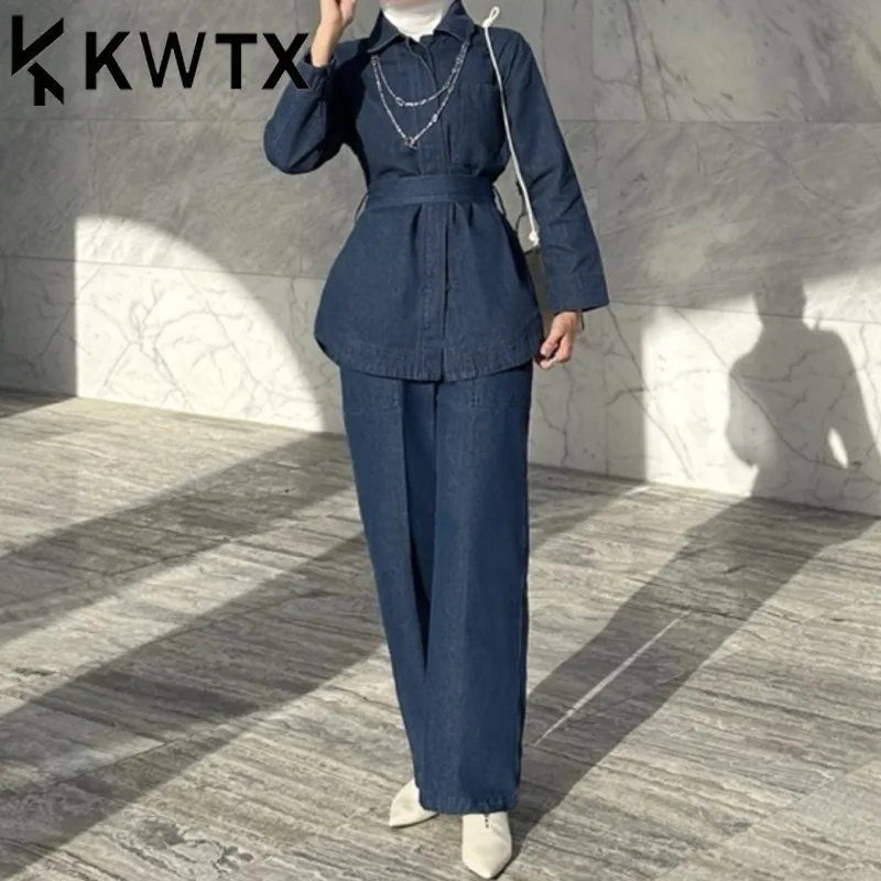 

KWTX 2025 Summer Women's Denim Blazer & Pants Set Belted Two Piece Outfit Hidden Button Wide Leg Suit Spring Y2K Office Chic