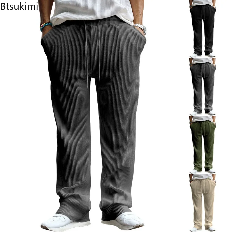 Spring Autumn New Men's Casual Loose Straight Pants Fashion Solid Jacquard Striped High Waist Wide Leg Trousers Male Streetwear