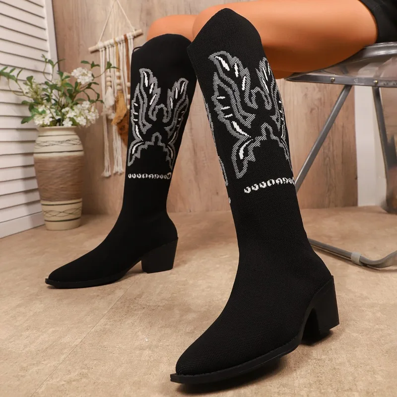 Embroidered Thigh Boots Women's Retro Ethnic Style Stretch Suede Non-Slip Plus Size Rider Boots