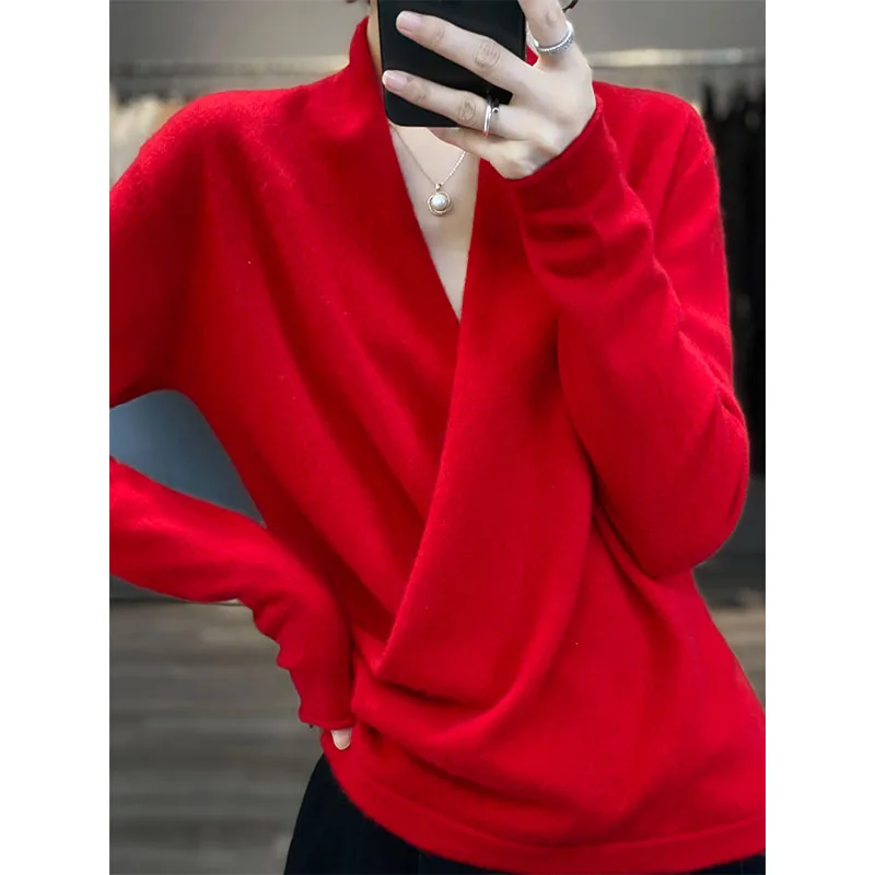 Autumn And Winter New Women\'s Big V-Neck Kimono Pure Wool Knitted Pullover Retro Fashion Loose Trendy Korean Version Rolled Top