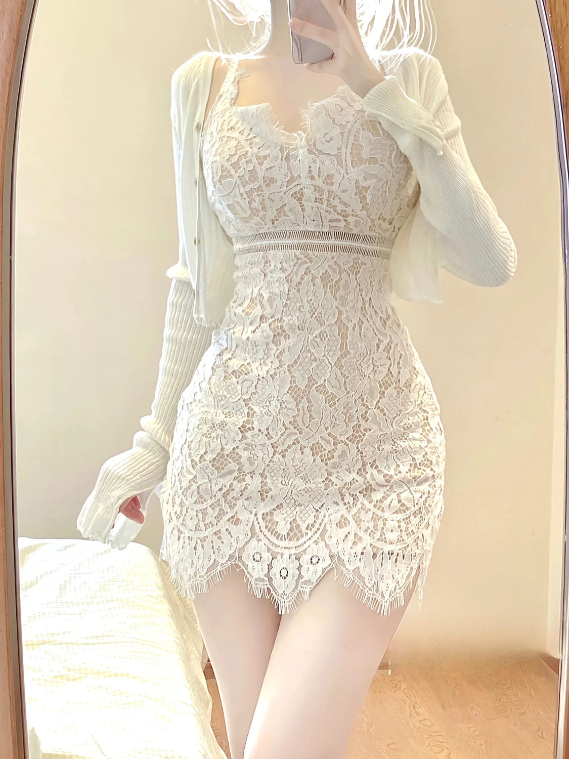 2023 Autumn Elegant Lace Clothing Suit Woman Korean Fashion 2 Piece Set Slim Y2k Mini Dress + Casual Short Cardigan Office Lady