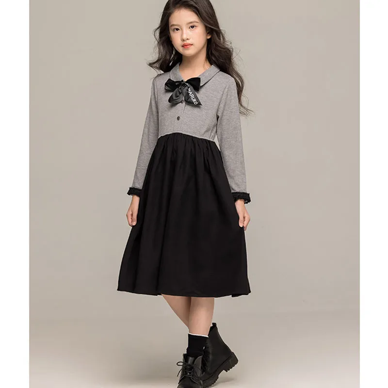 

Осень 2024, платье с цветными блоками для девочек, одежда для детей, корейский стиль, галстук-бабочка, блузка с воротником Питера Пэна, платья, одежда для больших девочек