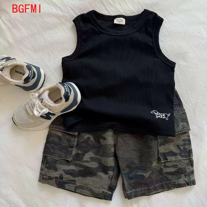 1-10Y Boys' Camouflage Cotton Suit 2026 Summer Japanese Pocket Workwear Shorts for Boys Girls Trendy Breathable Exercise Vest