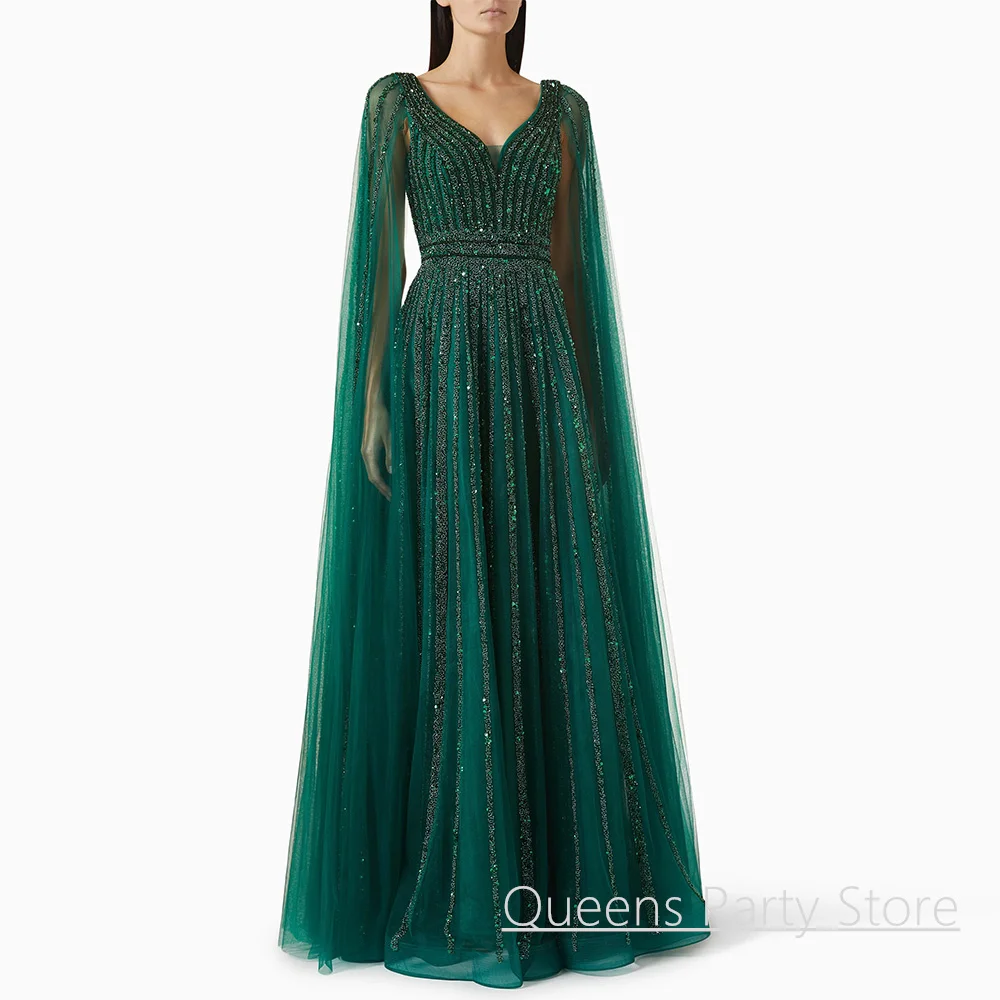 

Luxury Green Evening Dress Customized V Neck Sleeve Cape Beading Sequined A Line Floor Length Special Occasion Party Gown