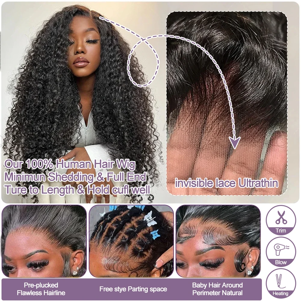 13x6 250 Densità Onda Profonda Parrucche Dei Capelli Umani 30 40 Pollici Lungo 100% Mezza HD Anteriore Del Merletto Riccio crespo Onda di Acqua Frontale Nero Naturale