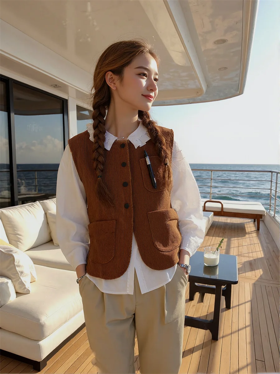 

Женские жилеты, топы для женщин, коричневые универсальные осенние толстые воротники-стойки без рукавов на пуговицах спереди, повседневные модные женские модели в консервативном стиле