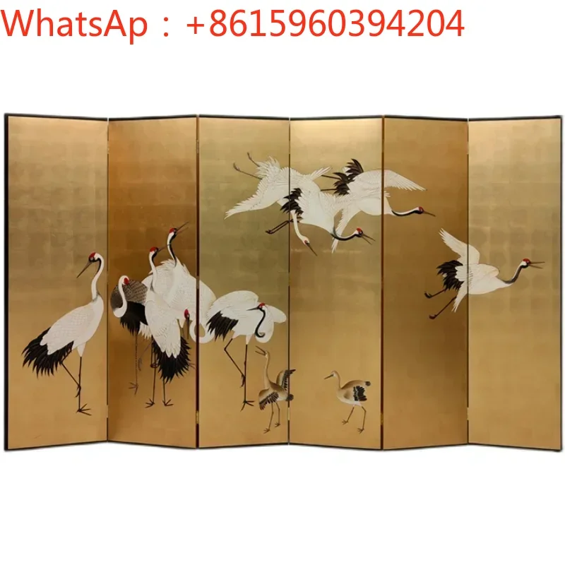 Custom Japanese crane back folded mobile solid wood ancient screen gold foil hand-painted living room background wall