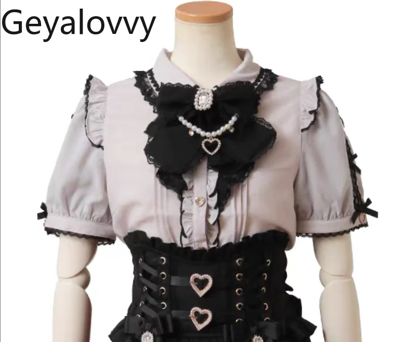 

Liz New Mass-produced Lolita Sweet Cute Bow Chain Love Pendant Tops Summer New Versatile Blouse Lapel Short-sleeved Shirt