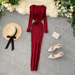 Elegant V Neck Long Sleeve Knit A-line Knitted Dress Slim Fashion Korean Sweater Basics Women Autumn Winter Elastic Clothing