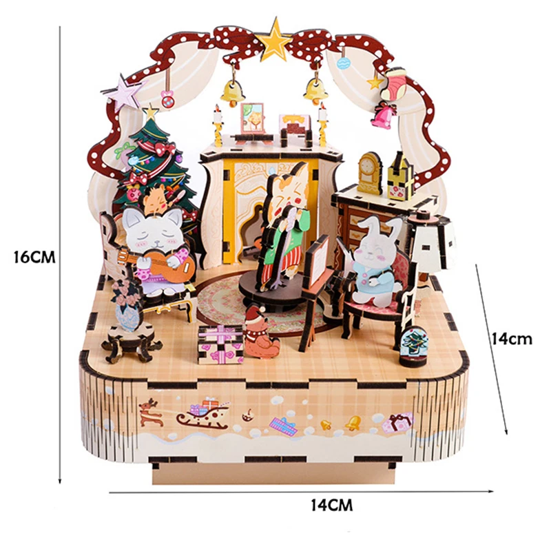 DIY 3D Wooden Animals Party Music Box Miniature Model Kits Jigsaw Puzzles Can Move for Friends Birthday Gifts Home Decoration