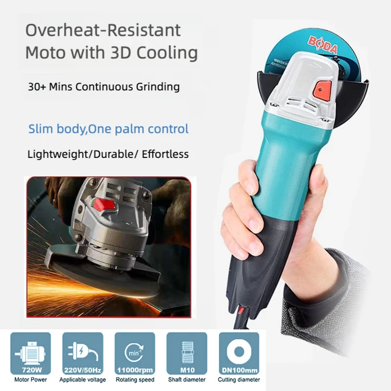 BODA G21-100 720W Angle Grinder,Electric Grinder Tool, Metal,Stone,Wood,Tile Cutter&Polisher,11000RPM,3D Cooling,Ergonomic 1.6KG