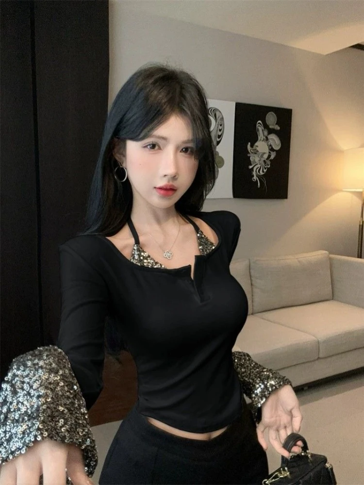 

Женский весенний облегающий топ с длинным рукавом, с пайетками, уникальный, с эффектом двухслойности, с открытыми плечами, в стиле французского кэжуал