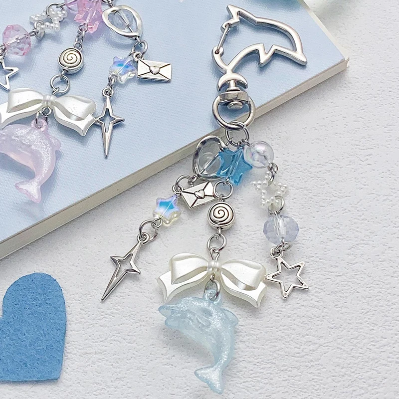 Criativo frisado chaveiro doce legal estrela golfinho pingente chaveiro moda charme carro chaveiro requintado mochila decoração presentes