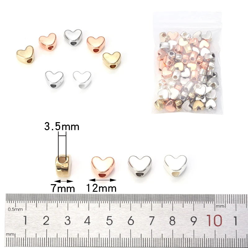 50Pcs 12x7mm Gold Color Silver Color Inside Hole Love Heart Beads CCB Charm Loose Spacer Beads For DIY Jewelry Making Bracelet