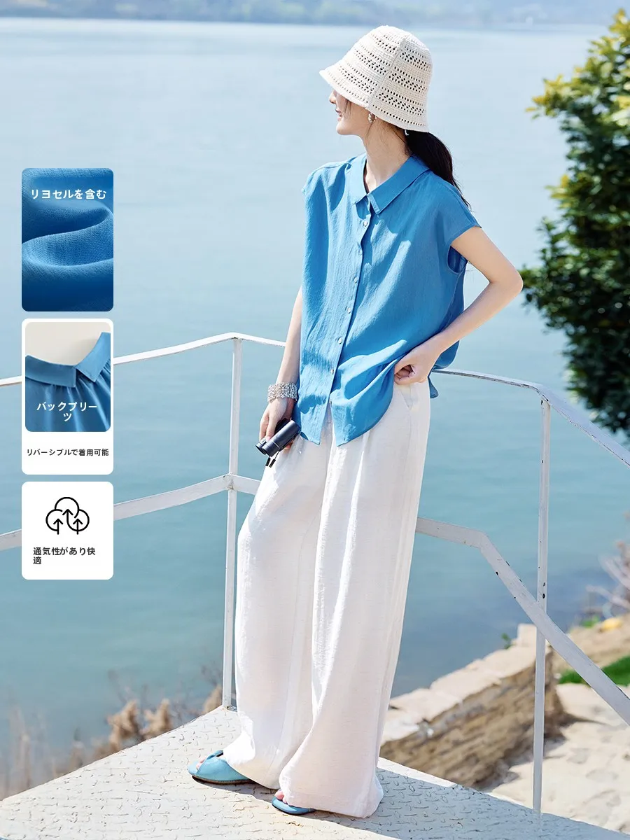 

XWI Summer Blue Shirt Women's Thin Unique Beautiful Slimming Shirt Casual Style Vacation Theme Rylee Fabric No Sleeve