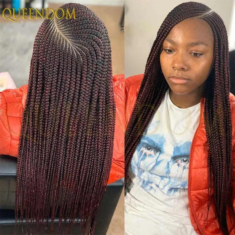 بورجوندي كامل الدانتيل مزدوجة شعر مستعار مضفر 36 ''فو لوكس شعر مستعار الجانب جزء كورنو صندوق للنساء السود مع شعر الطفل #3