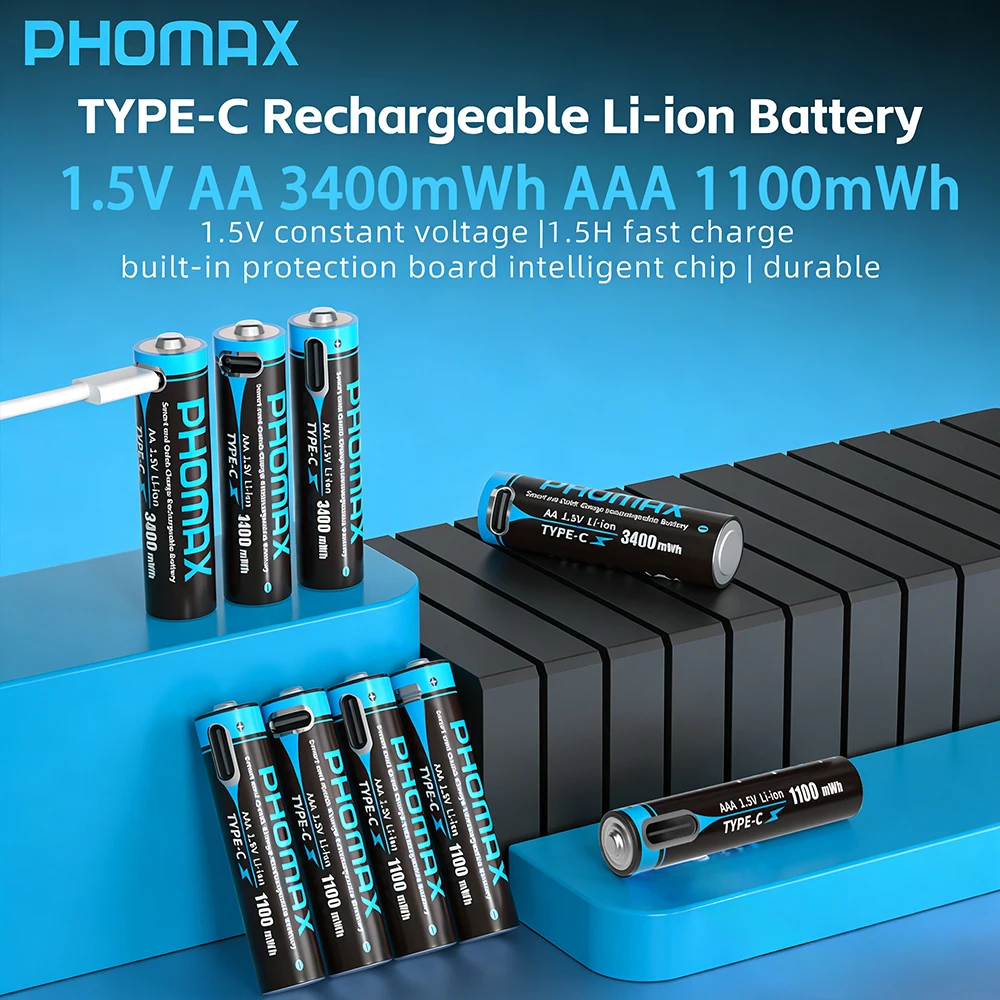 

PHOMAX 1.5V AA/AAA USB Rechargeable Batteries AA 3400mWh AAA 1100mWh Li-ion Battery For Remote Control Mouse Toys + Type-C Cable