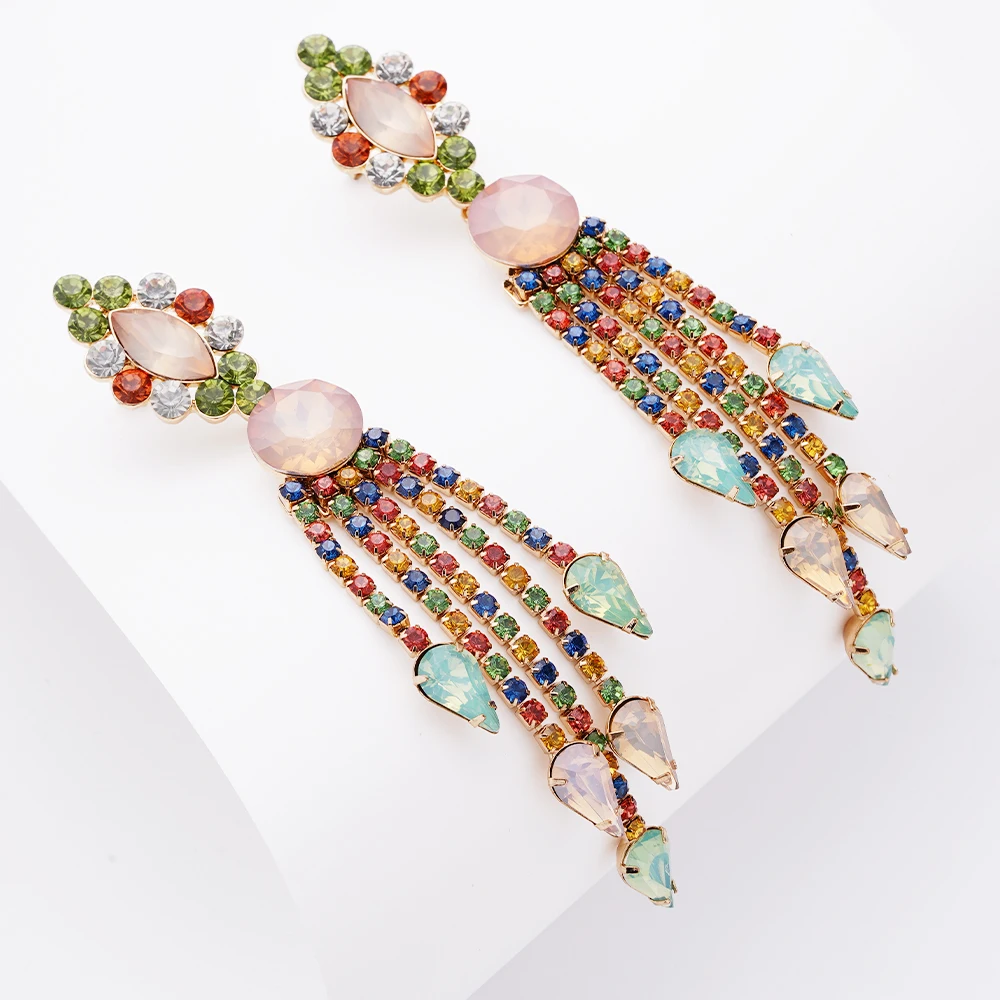 

Women's Long Colorful Fringe Tassel Earrings Bohemian Zircon Crystal Girl Dangle Green Wedding Bride Jewelry Free Shipping