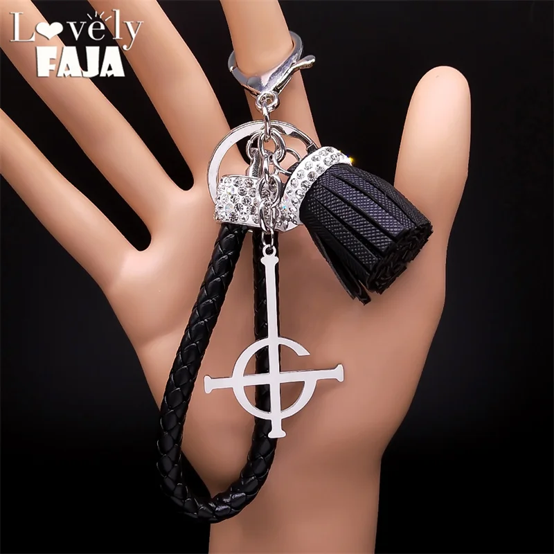 

Ghost BC Tassel Crystal Key Chain Stainless Steel Alloy Leather Keyring Ghost Ghoul Band Nameless Car Bag Key Holder Jewelry