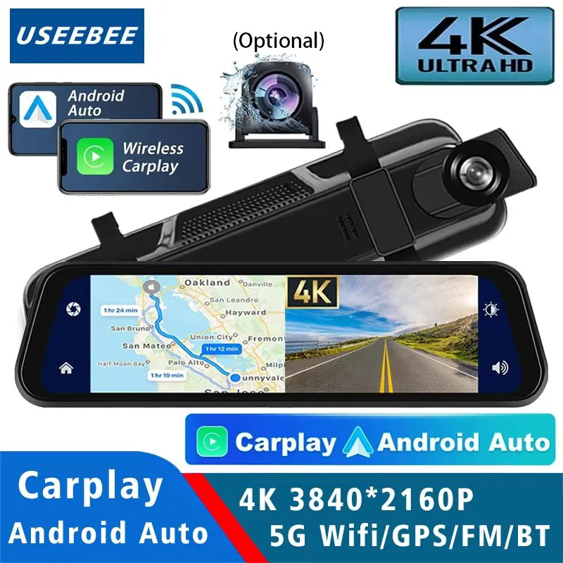 Dash Cam 4K 2160P Car Dvr Carplay Android Auto Stream RearView Mirror GPS 5G WIFI FM Radio AUX Dashcam Car Camera Drive Recorder