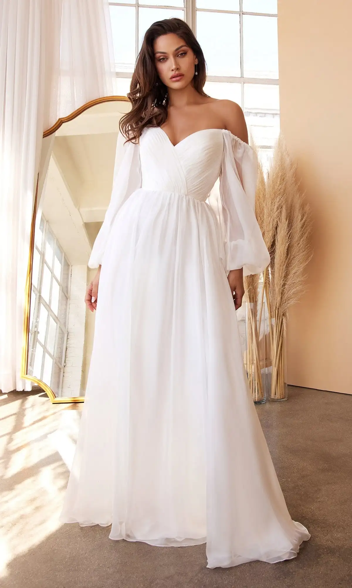 

Chiffon Long Formal Dress A-Line V-Neck Off Shoulder Pleated Wedding Bridesmaid Dresses Elegant Long Puff Sleeves Evening Gowns