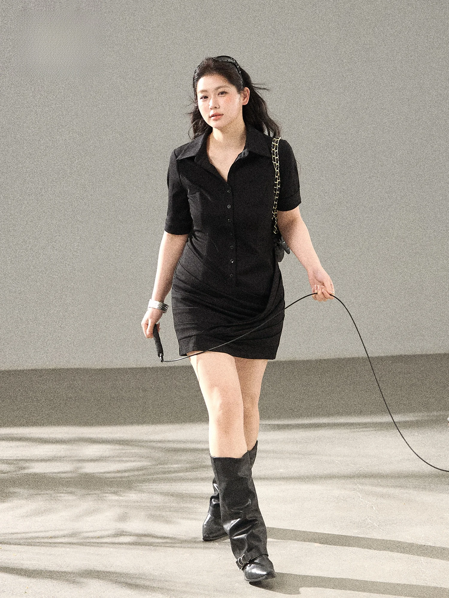 

plus Size Korean Style Collar Short Dress Puffy Skirt Slimming Dark Color Spring Summer Women's Fashion Casual Dress