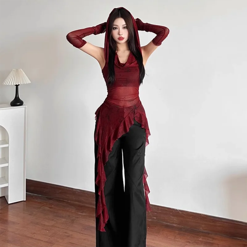 Vintage Gothic Mit Kapuze T Shirts Frauen Sexy Durchsichtig Schlank Y2K Tees Streetwear Harajuku mit Ärmeln Weibliche Unregelmäßige Tops – Detail 9