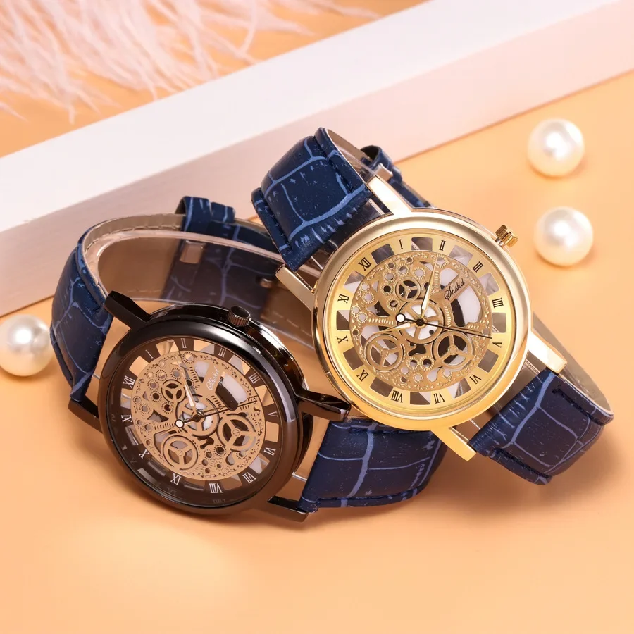 Fashion Imitation Mechanical Watch Men Hollowing Out Skeleton Watches Leather Band Quartz Wristwatches Men Relogio Masculino