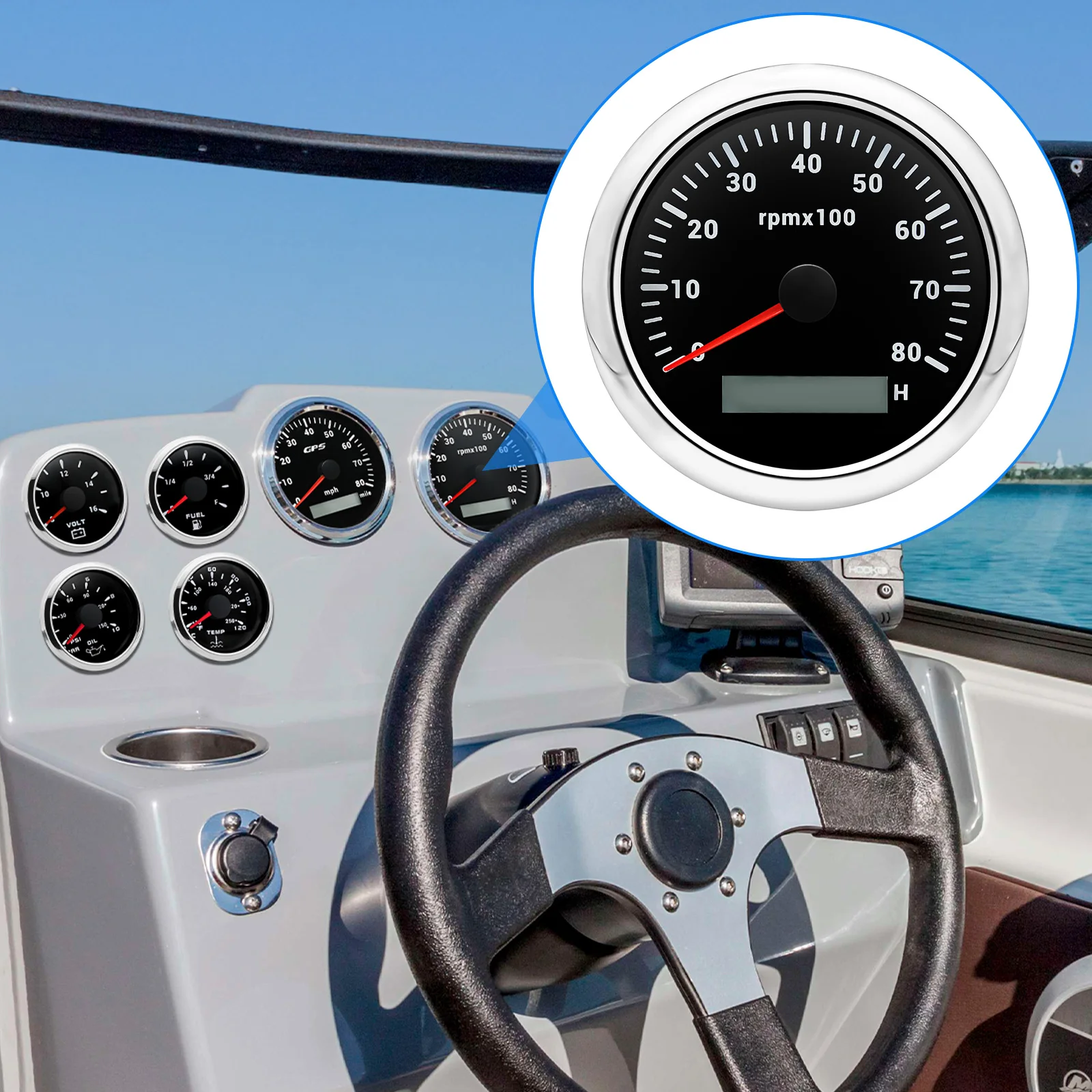 7-Farben-Hintergrundbeleuchtung 85mm Auto-Marine-Drehzahlmesser 3K 4K 6K 7K 8K 8000RPM Umdrehungszähler mit LCD-Betriebsstundenzähler 12V/24V – Detail 9