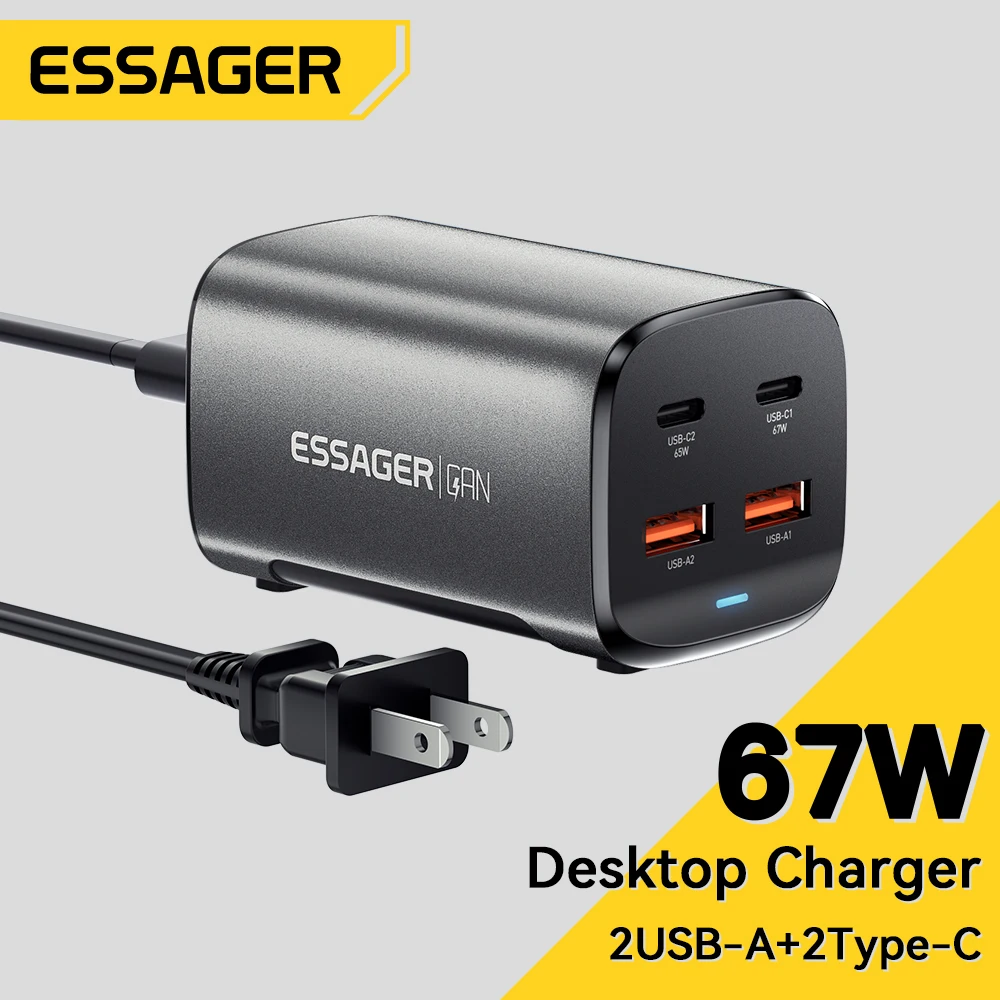 Essager 67W GaN USB C Charger Quick Charge 4.0 QC 3.0 PD USB-C Type C  Desktop Fast Charger For MacBook Samsung iPhone 15 Laptop