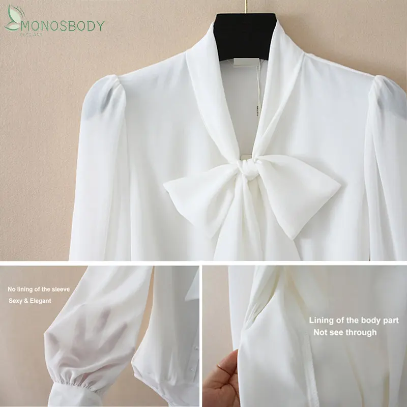 Elegant Bodysuits Women Bow Tie Pattern Long Sleeved Rompers Office Lady Blouses and Tops Overalls Business Work Chiffon Shirts