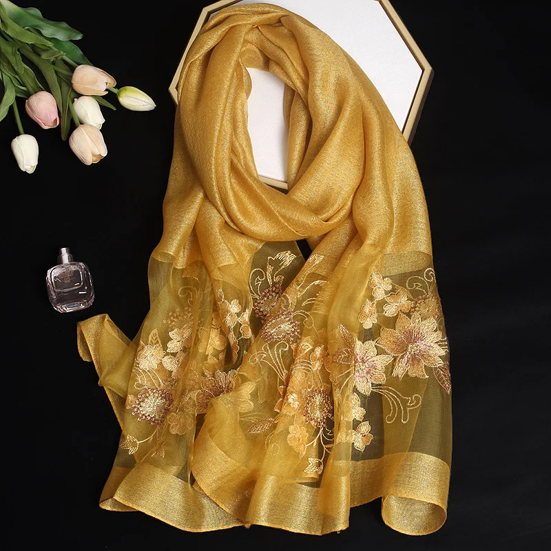 2024 Luxury Silk Shawl Scarf for Women Design Embroidery Flowers Hijab Wraps Bufandas Female Headkerchief Fouloud Echarpe