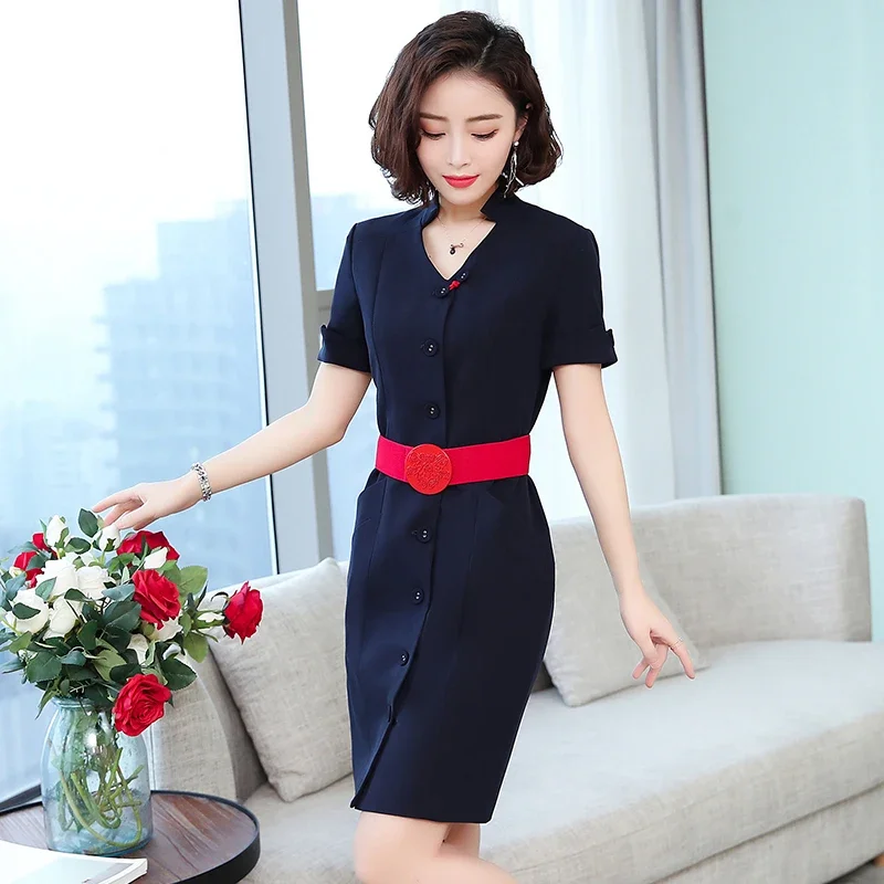 Новая летняя профессиональная униформа, платье с v-образным вырезом, тонкая косметологическая рабочая одежда с короткими рукавами, халат стюардессы во французском стиле