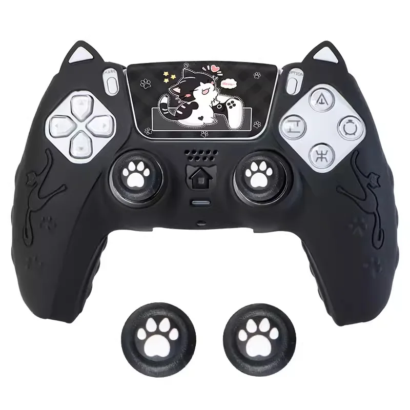 Cute Cat Ear Silicone Case for PS5 Controller with Thumb Grip Caps | Protective Cover with Cat Paw Joysticks | Multiple Colors
