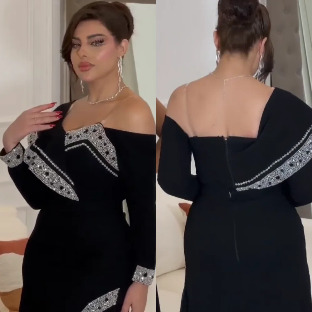 Vestido Midi de noche con hombros descubiertos y cuentas, Jersey de Arabia Saudita, línea A, a medida, para ocasiones