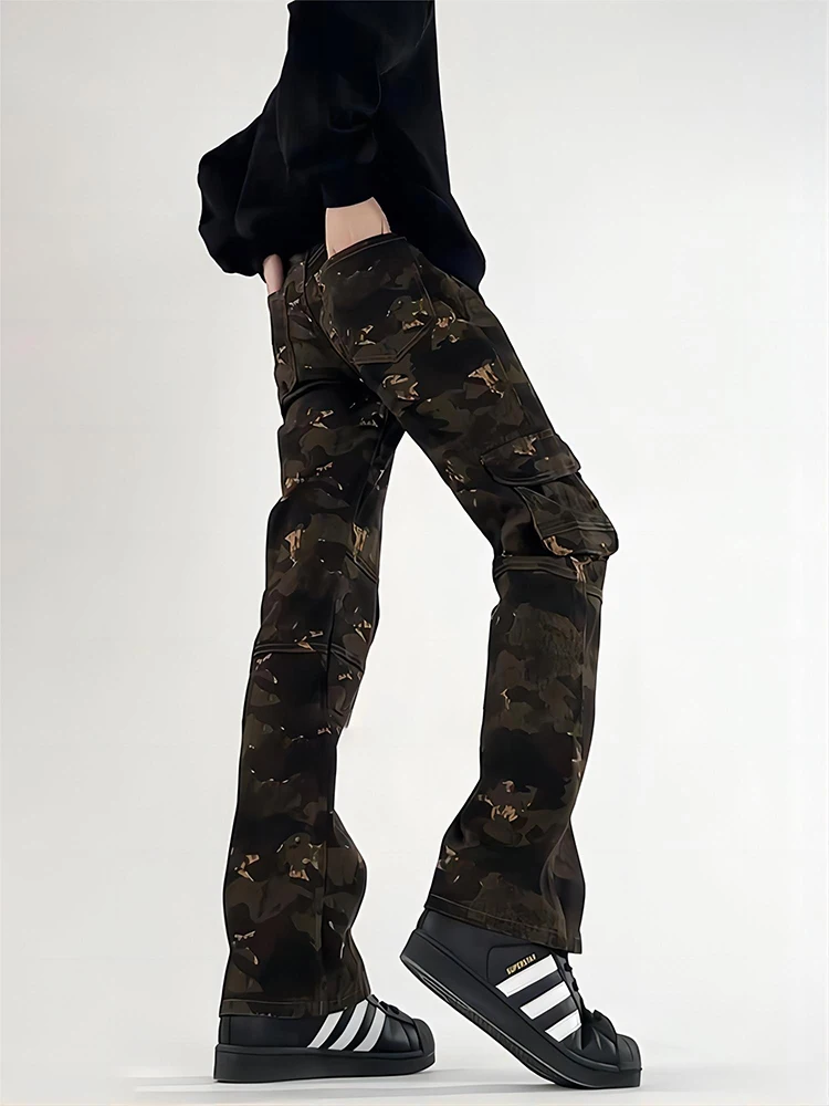 

American High Street Camouflage Men's Jeans Spring Autumn Design Multi ket Flared Straight Leg Casual Workwear Denim