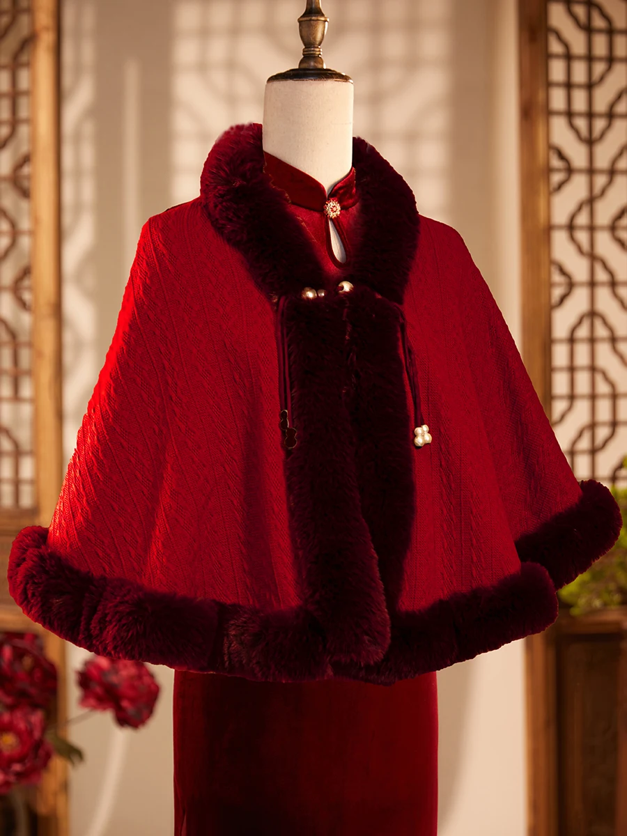 

Red Knitted Flag Robe oulder Wrap Thiened Rabbit Fur Simulation Wedding Dr Outerwear Ele Mom Wedding Banquet Clothes