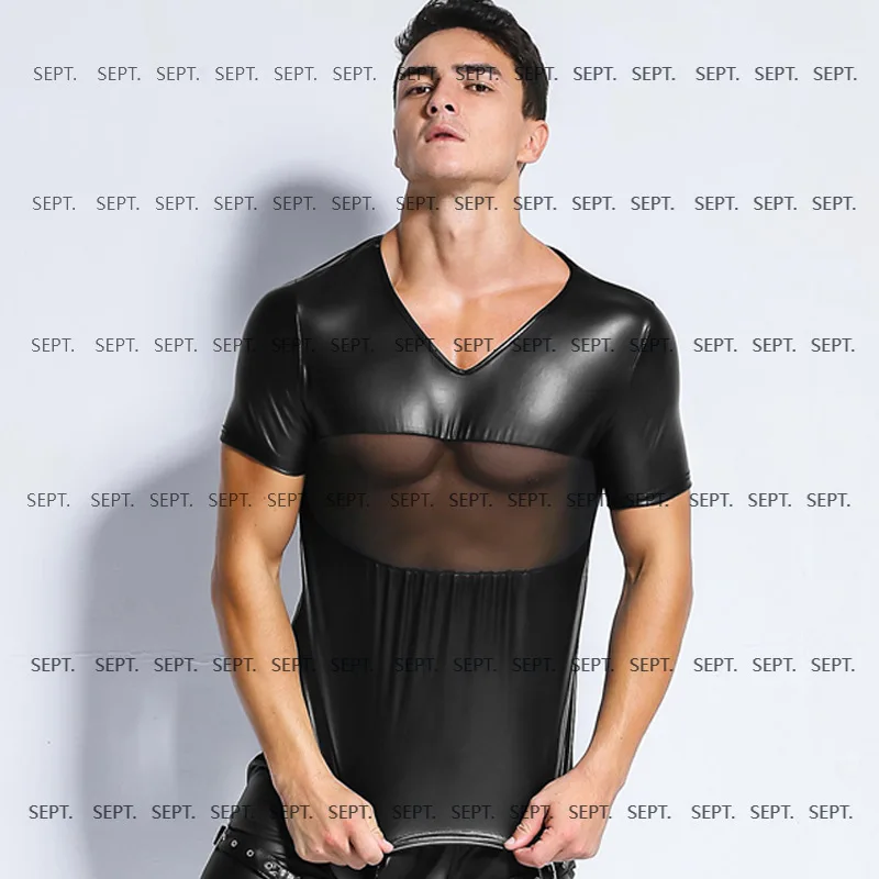 

2025 new European and American men's sexy patent leather tight short sleeves, stage nightclub performance clothes men's performa